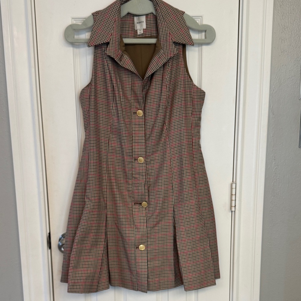 Maeve Sleeveless Mini Dress in Brown and Red Houndstooth with Gold Buttons
